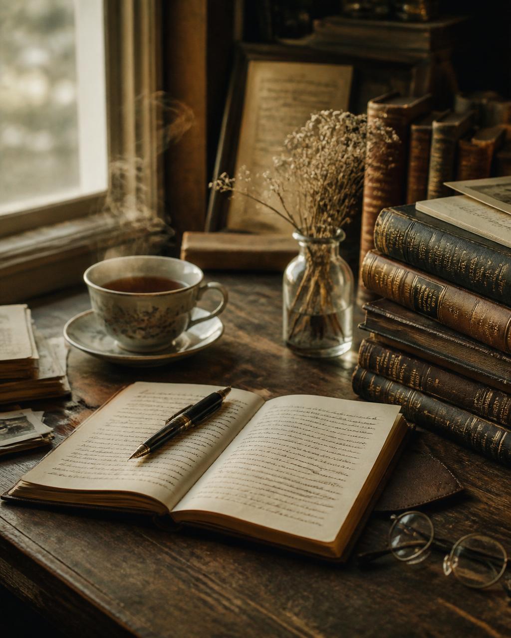 Symbolbild Autorin – Schreibtisch mit Notizbuch, Feder, Büchern und Teetasse